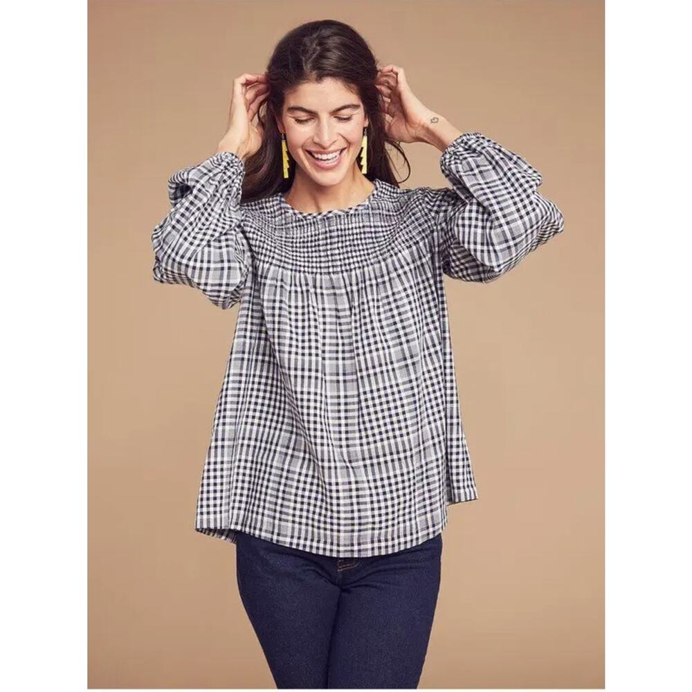 Faherty Marseilles McKinney Plaid Organic Cotton Black White Top New XS